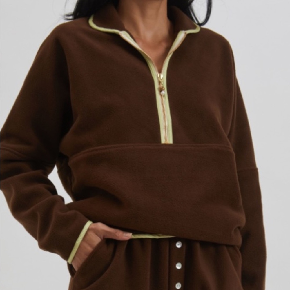 DONNI. Brown Half-Zip Sweatshirt with Cream Accents